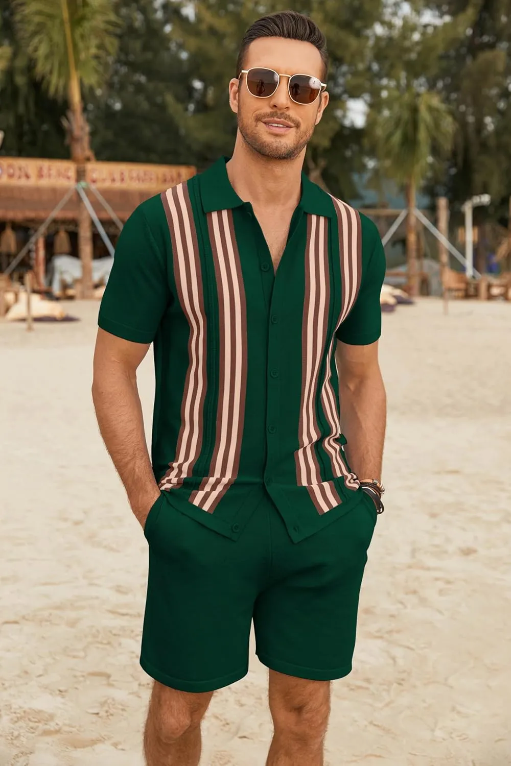 COOFANDY Men's 2 Piece Outfits Summer Short Sets Vintage Knit Button Down Shirt Short Sleeve Polo Casual Beach Suits