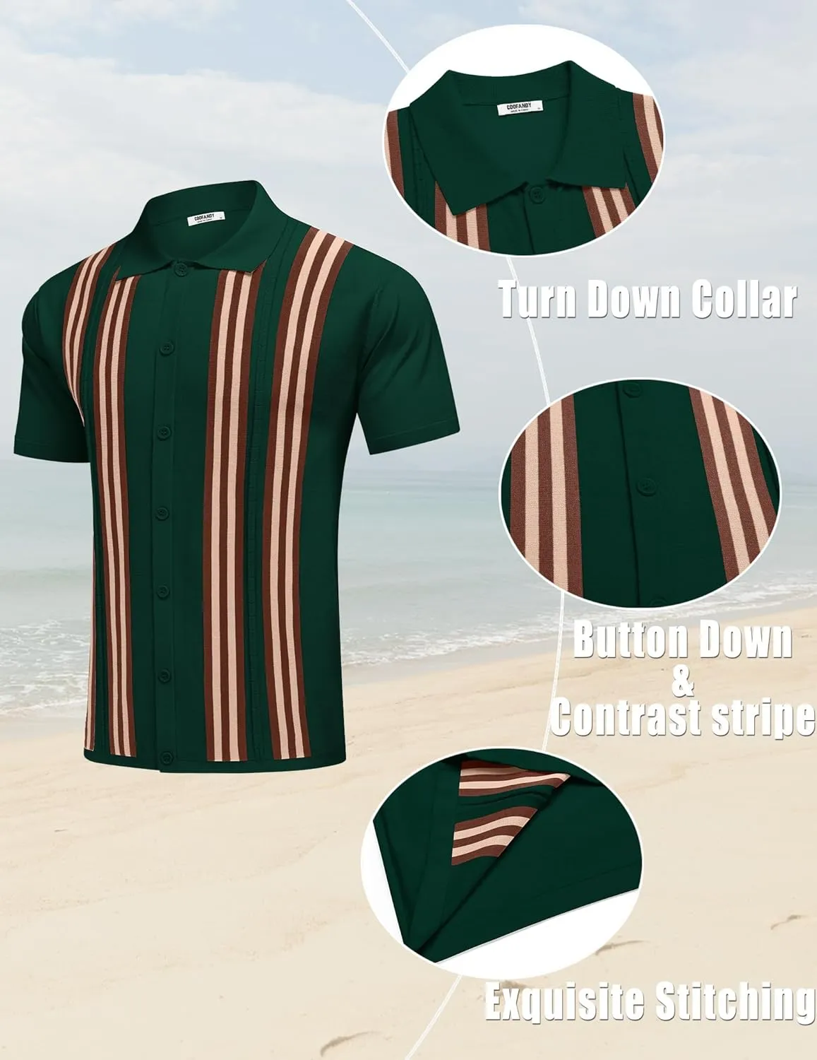 COOFANDY Men's 2 Piece Outfits Summer Short Sets Vintage Knit Button Down Shirt Short Sleeve Polo Casual Beach Suits