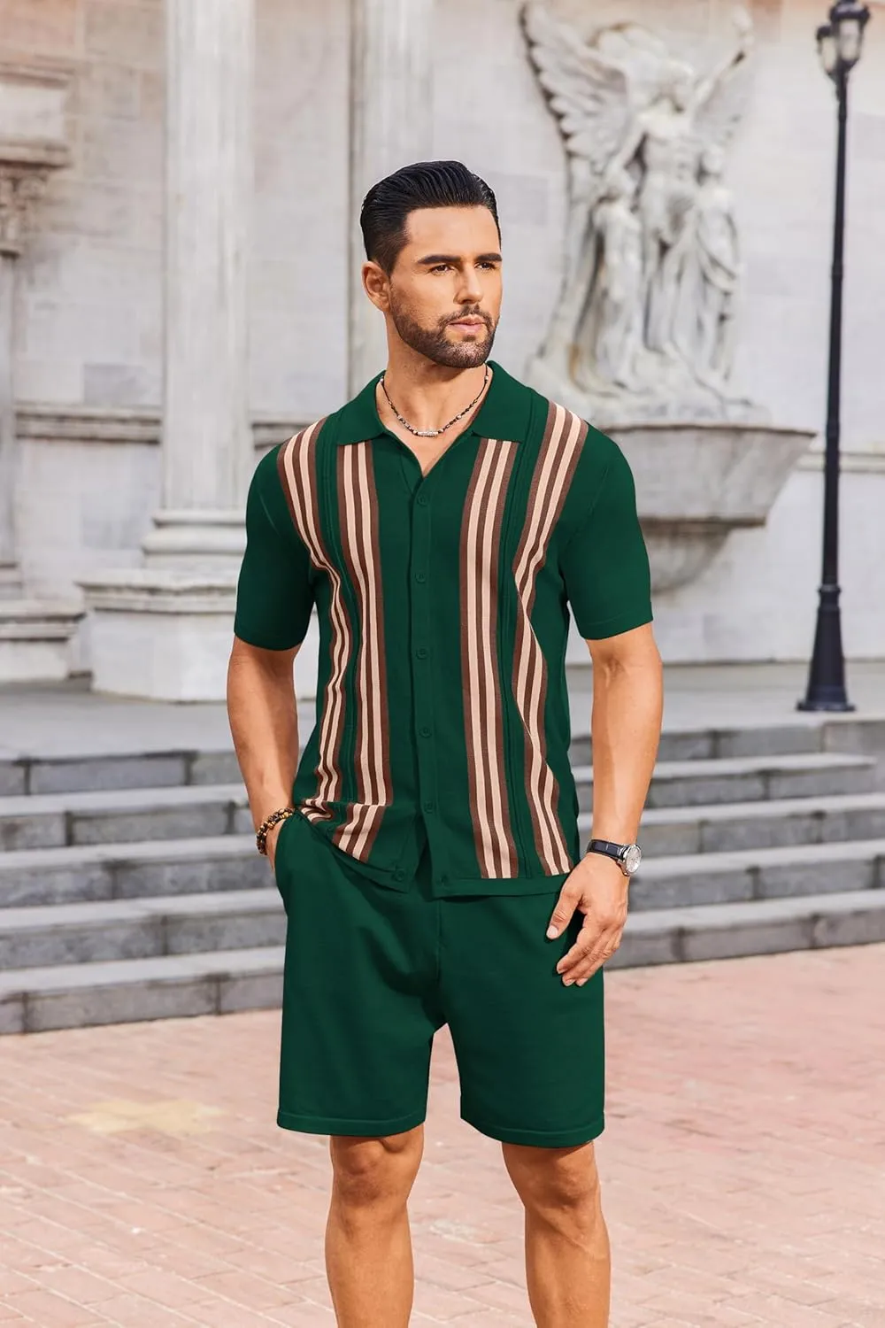 COOFANDY Men's 2 Piece Outfits Summer Short Sets Vintage Knit Button Down Shirt Short Sleeve Polo Casual Beach Suits