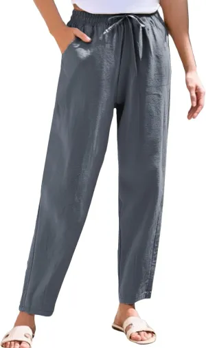 Cotton Linen Capri Pants for Women,Dress Sweatpants Wide Leg Cargo Trousers Leg High Waisted Petite