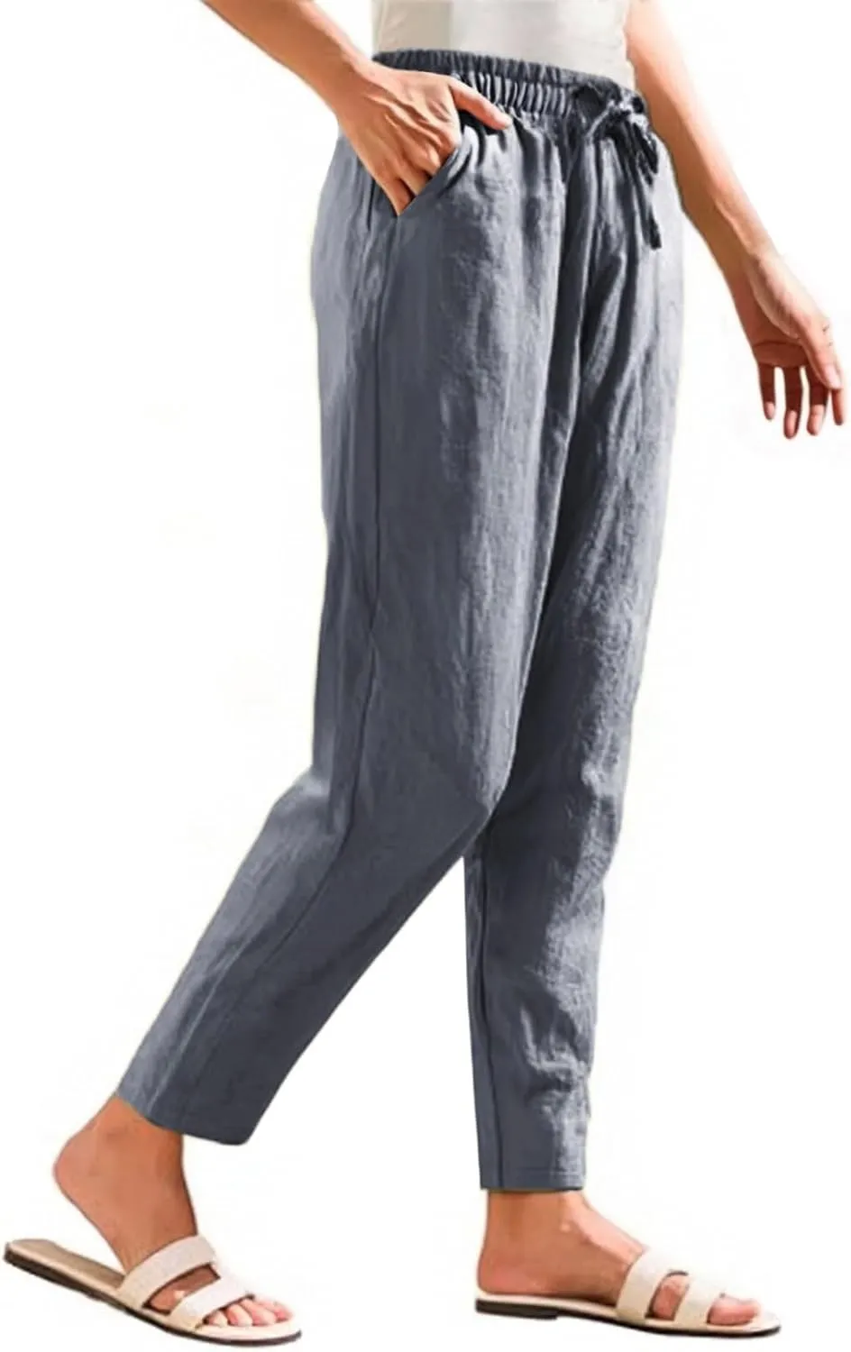 Cotton Linen Capri Pants for Women,Dress Sweatpants Wide Leg Cargo Trousers Leg High Waisted Petite