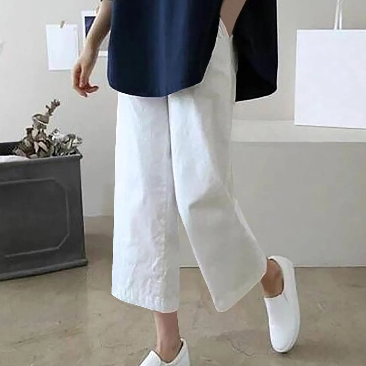 Cotton Linen Capris Pants for Women Casual Summer 2025 Straight Wide Leg Loose Elastic Waist Cropped Trouser