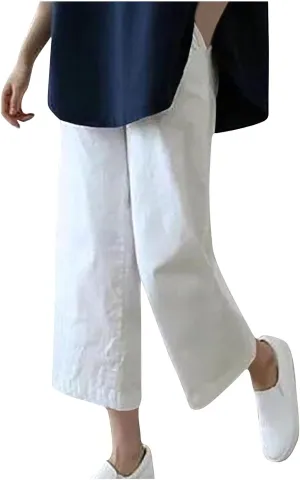 Cotton Linen Capris Pants for Women Casual Summer 2025 Straight Wide Leg Loose Elastic Waist Cropped Trouser