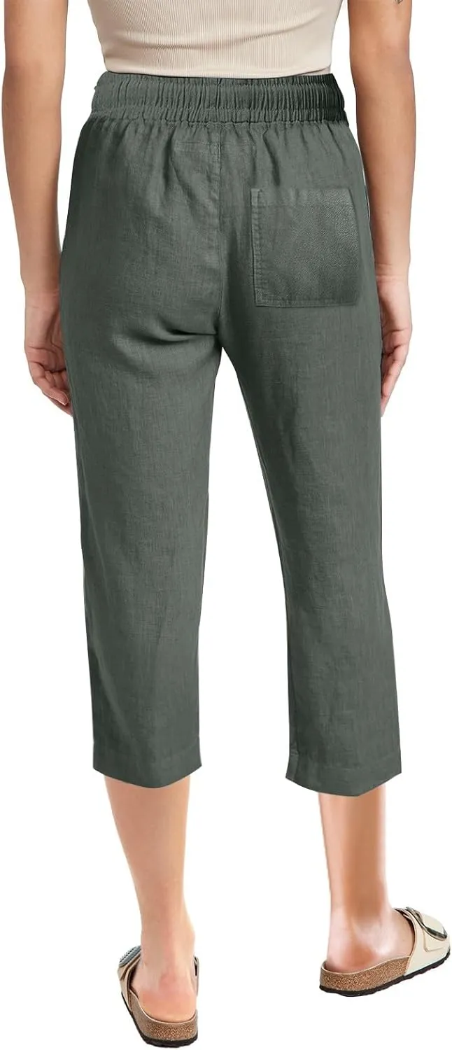 Cotton Linen Casual Summer Capri Drawstring Elastic Trousers Comfy Straight Leg Long Pants Straight Leg Loose Pants
