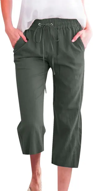 Cotton Linen Casual Summer Capri Drawstring Elastic Trousers Comfy Straight Leg Long Pants Straight Leg Loose Pants