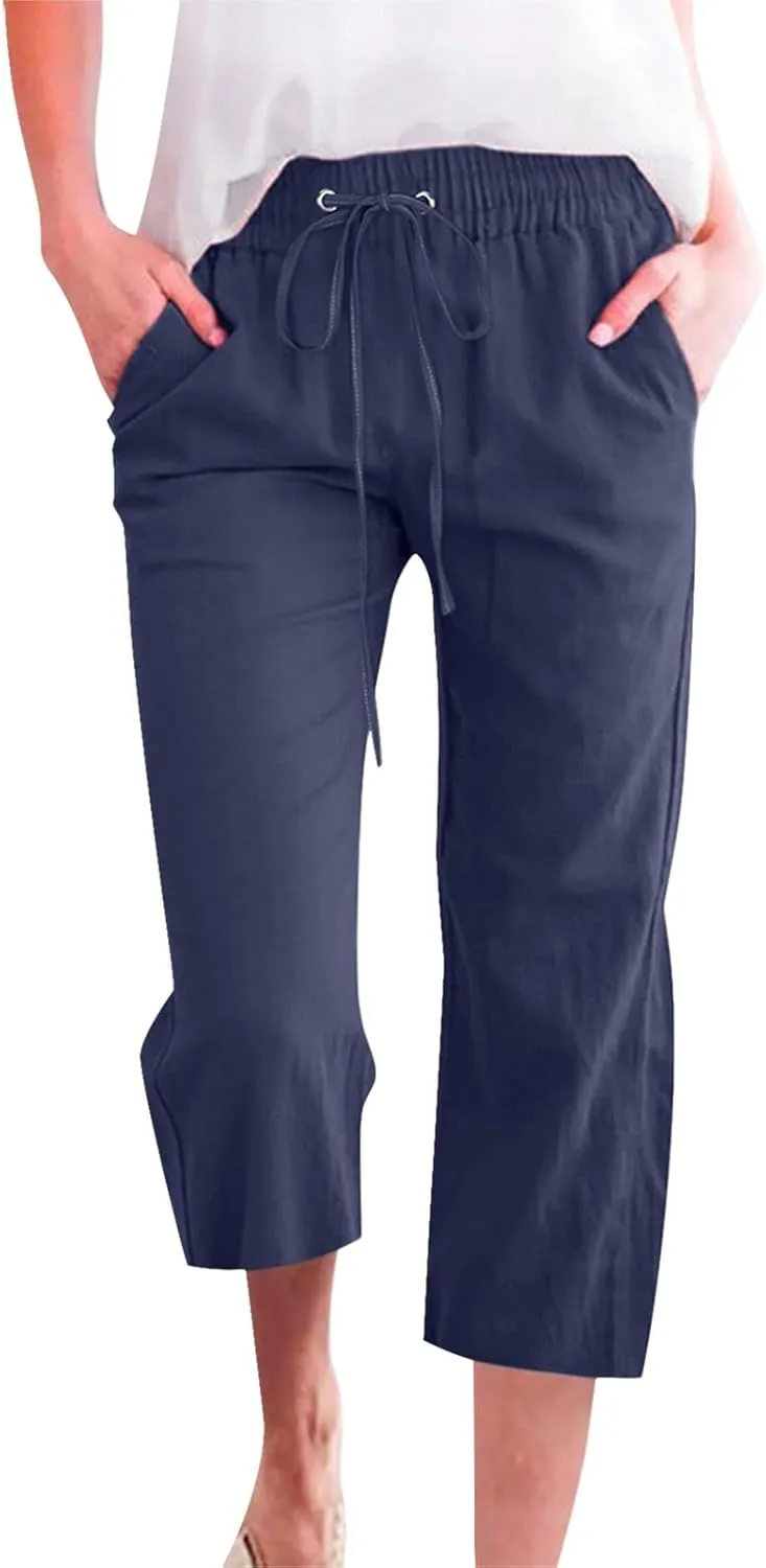 Cotton Linen Casual Summer Capri Drawstring Elastic Trousers Comfy Straight Leg Long Pants Straight Leg Loose Pants