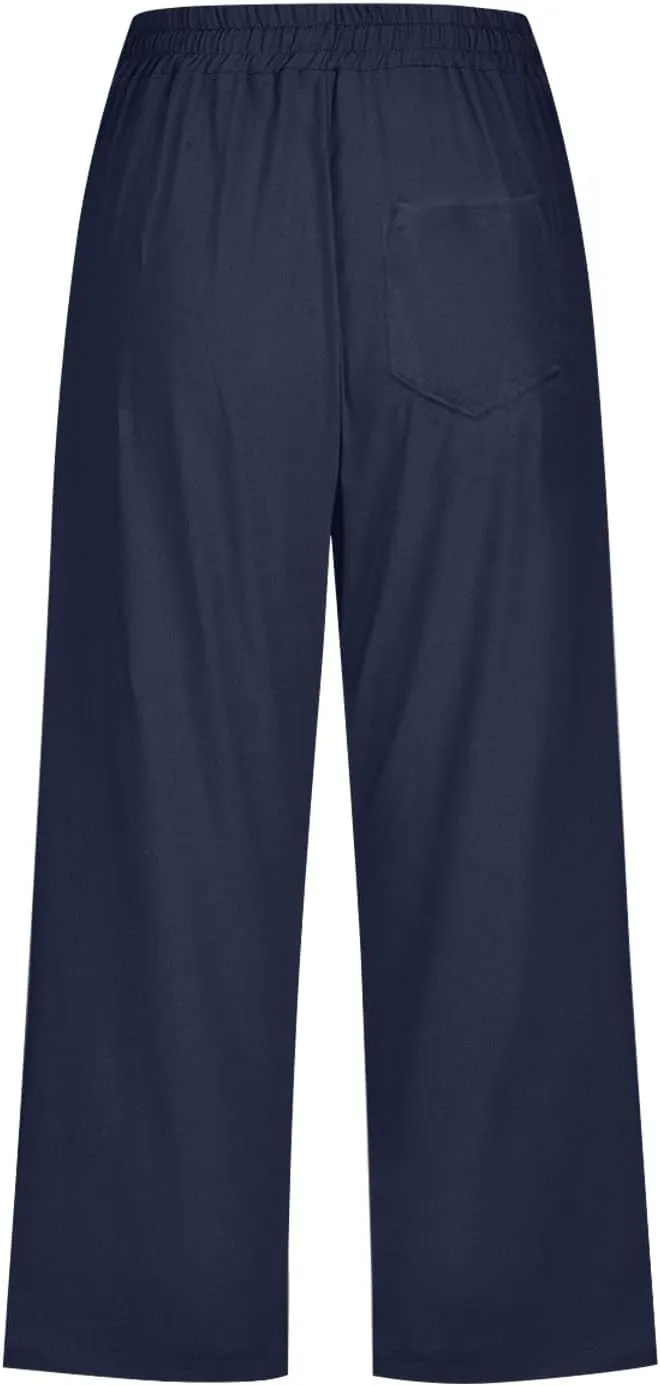 Cotton Linen Casual Summer Capri Drawstring Elastic Trousers Comfy Straight Leg Long Pants Straight Leg Loose Pants