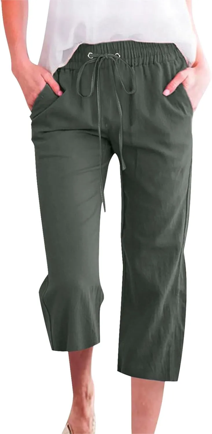 Cotton Linen Casual Summer Capri Drawstring Elastic Trousers Comfy Straight Leg Long Pants Straight Leg Loose Pants