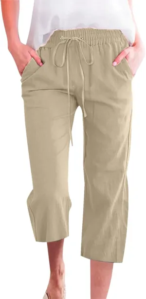 Cotton Linen Casual Summer Capri Drawstring Elastic Trousers Comfy Straight Leg Long Pants Straight Leg Loose Pants