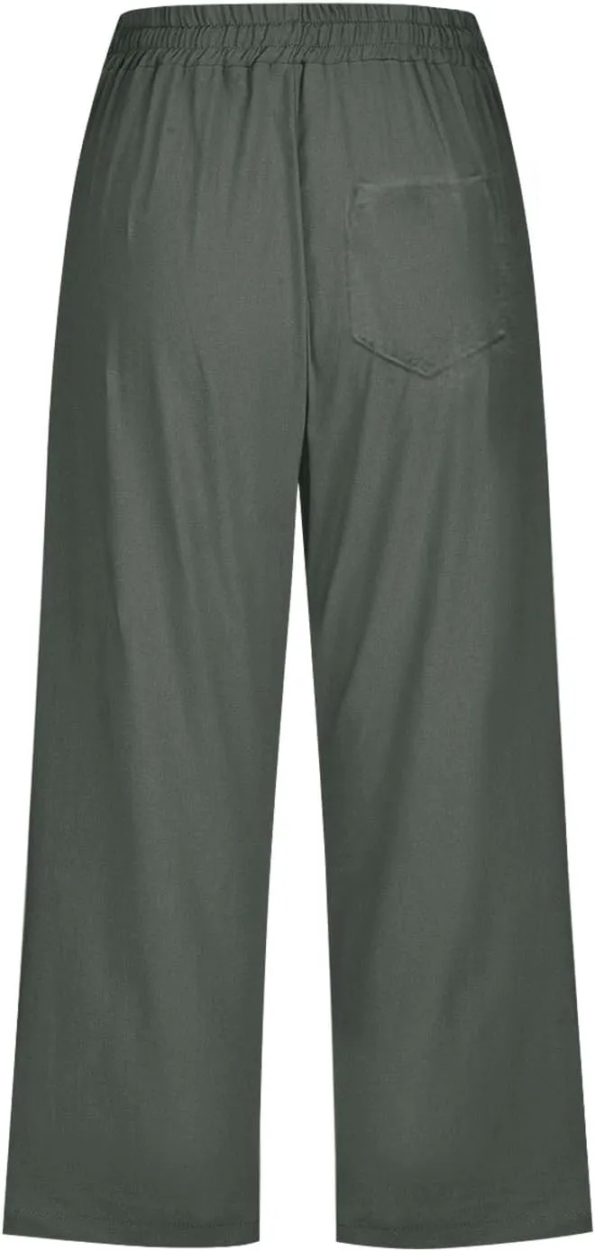 Cotton Linen Casual Summer Capri Drawstring Elastic Trousers Comfy Straight Leg Long Pants Straight Leg Loose Pants