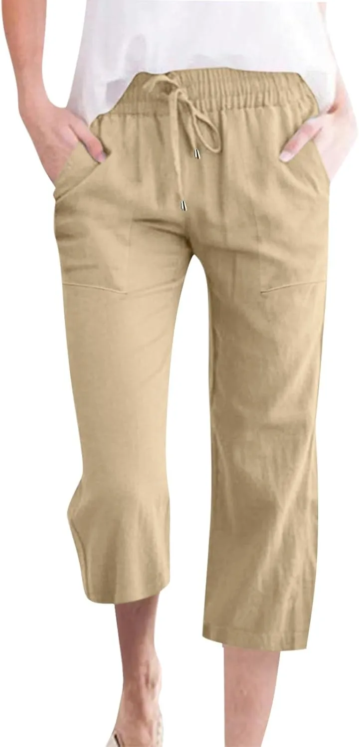 Cotton Linen Casual Summer Capri Drawstring Elastic Trousers Comfy Straight Leg Long Pants Straight Leg Loose Pants
