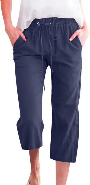Cotton Linen Casual Summer Capri Drawstring Elastic Trousers Comfy Straight Leg Long Pants Straight Leg Loose Pants