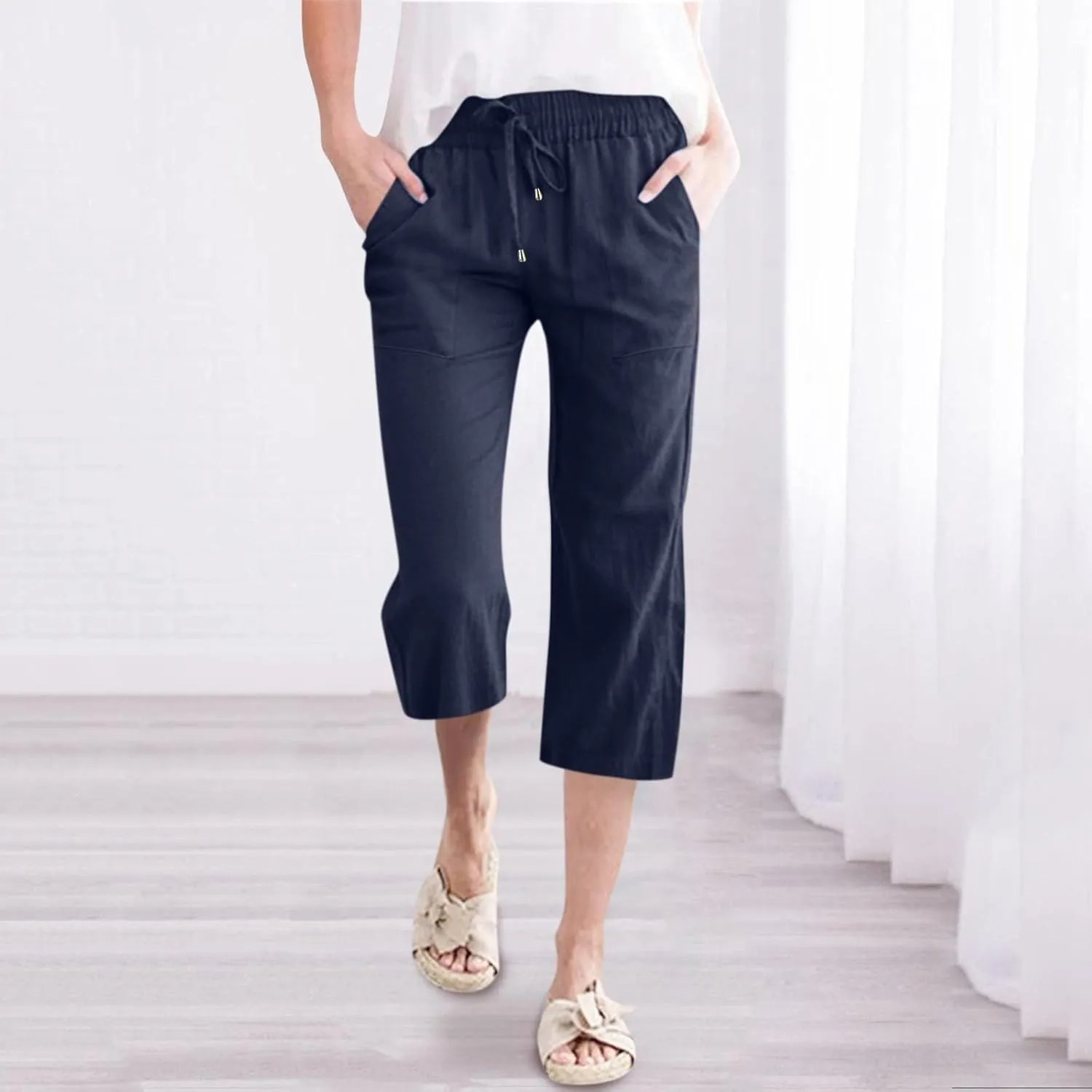 Cotton Linen Casual Summer Capri Drawstring Elastic Trousers Comfy Straight Leg Long Pants Straight Leg Loose Pants