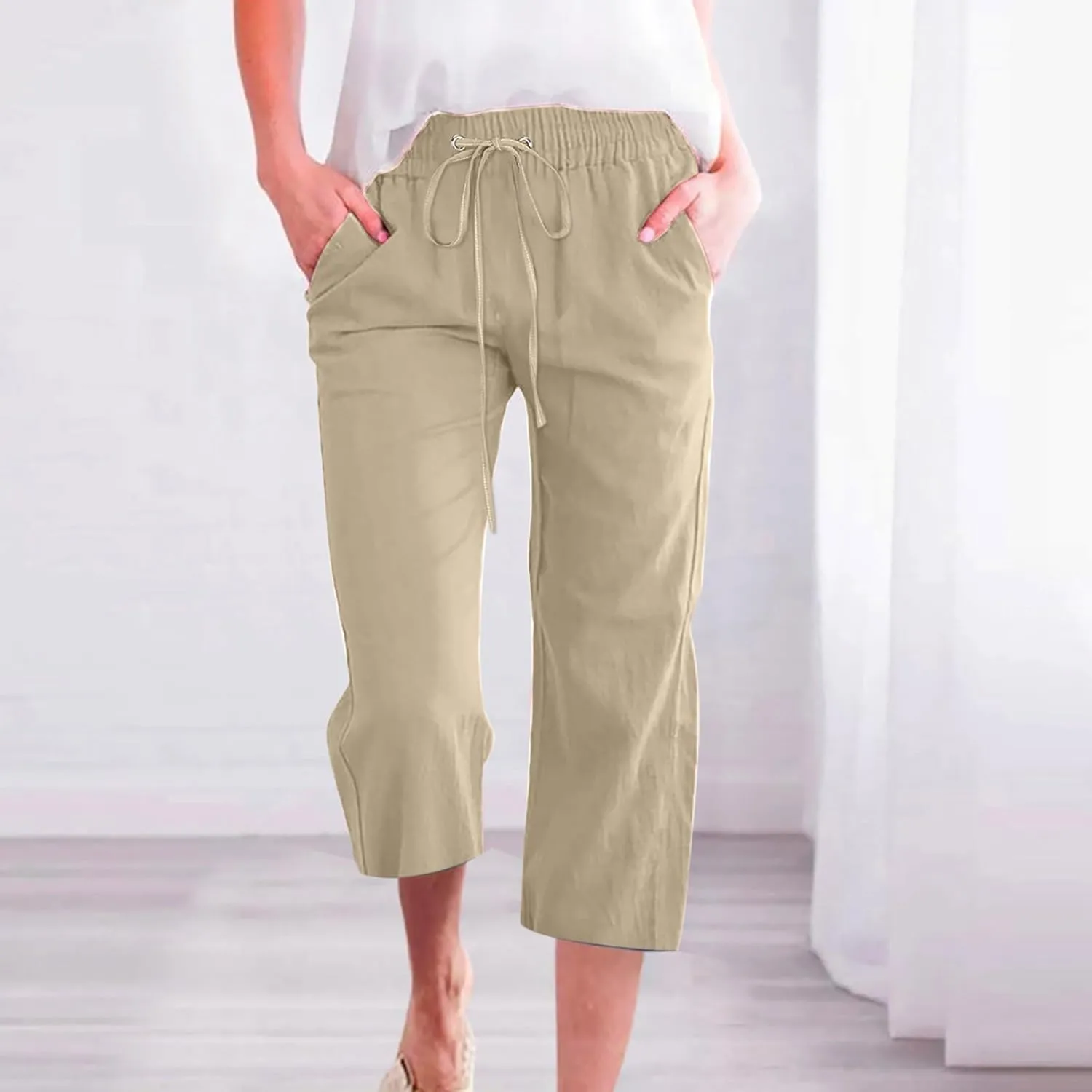Cotton Linen Casual Summer Capri Drawstring Elastic Trousers Comfy Straight Leg Long Pants Straight Leg Loose Pants
