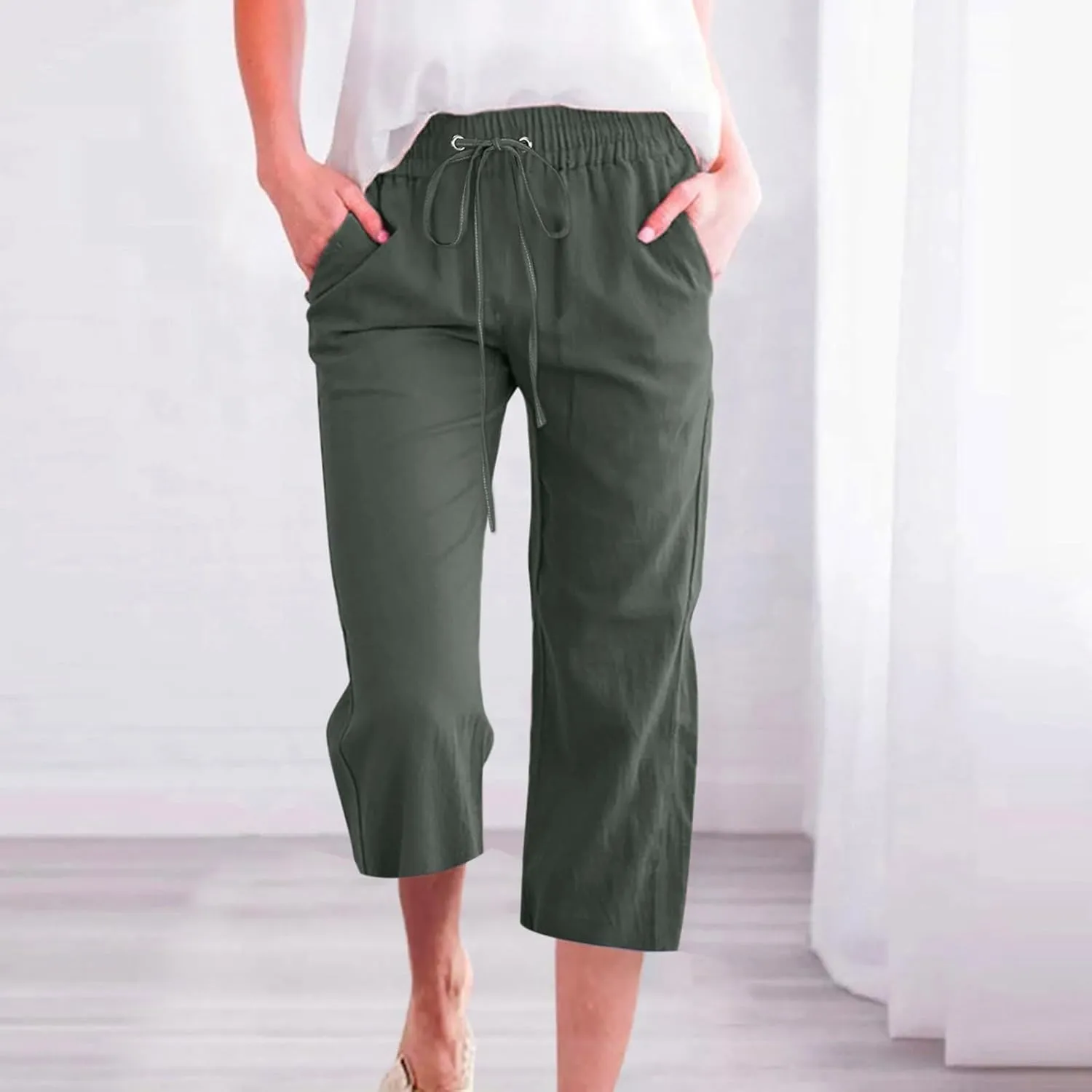 Cotton Linen Casual Summer Capri Drawstring Elastic Trousers Comfy Straight Leg Long Pants Straight Leg Loose Pants