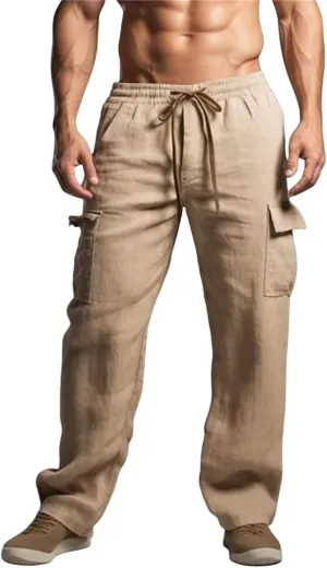 Cotton Linen Pants for Men Casual Elastic Drawstring Cargo Pants Lightweight Open Bottom Thin Trousers with Pockets