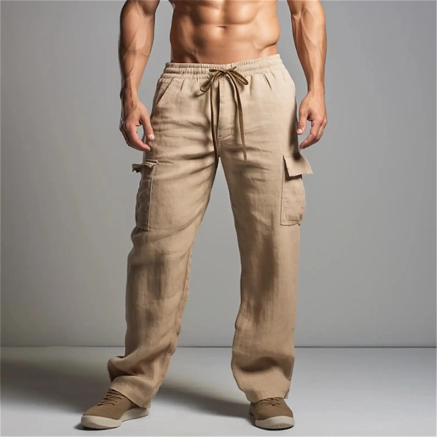 Cotton Linen Pants for Men Casual Elastic Drawstring Cargo Pants Lightweight Open Bottom Thin Trousers with Pockets