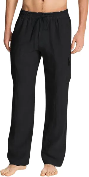 Cotton Linen Pants for Men Mid Waist Drawstring Pants Plain Breathable Yoga Trousers Baggy Beach Trouser with Pockets