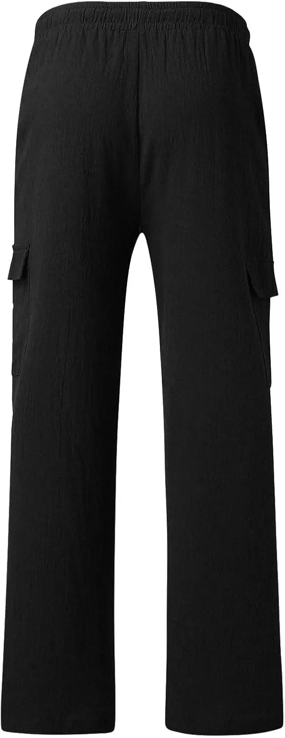 Cotton Linen Pants for Men Mid Waist Drawstring Pants Plain Breathable Yoga Trousers Baggy Beach Trouser with Pockets