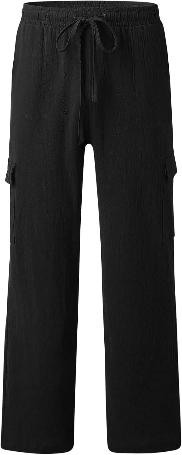 Cotton Linen Pants for Men Mid Waist Drawstring Pants Plain Breathable Yoga Trousers Baggy Beach Trouser with Pockets