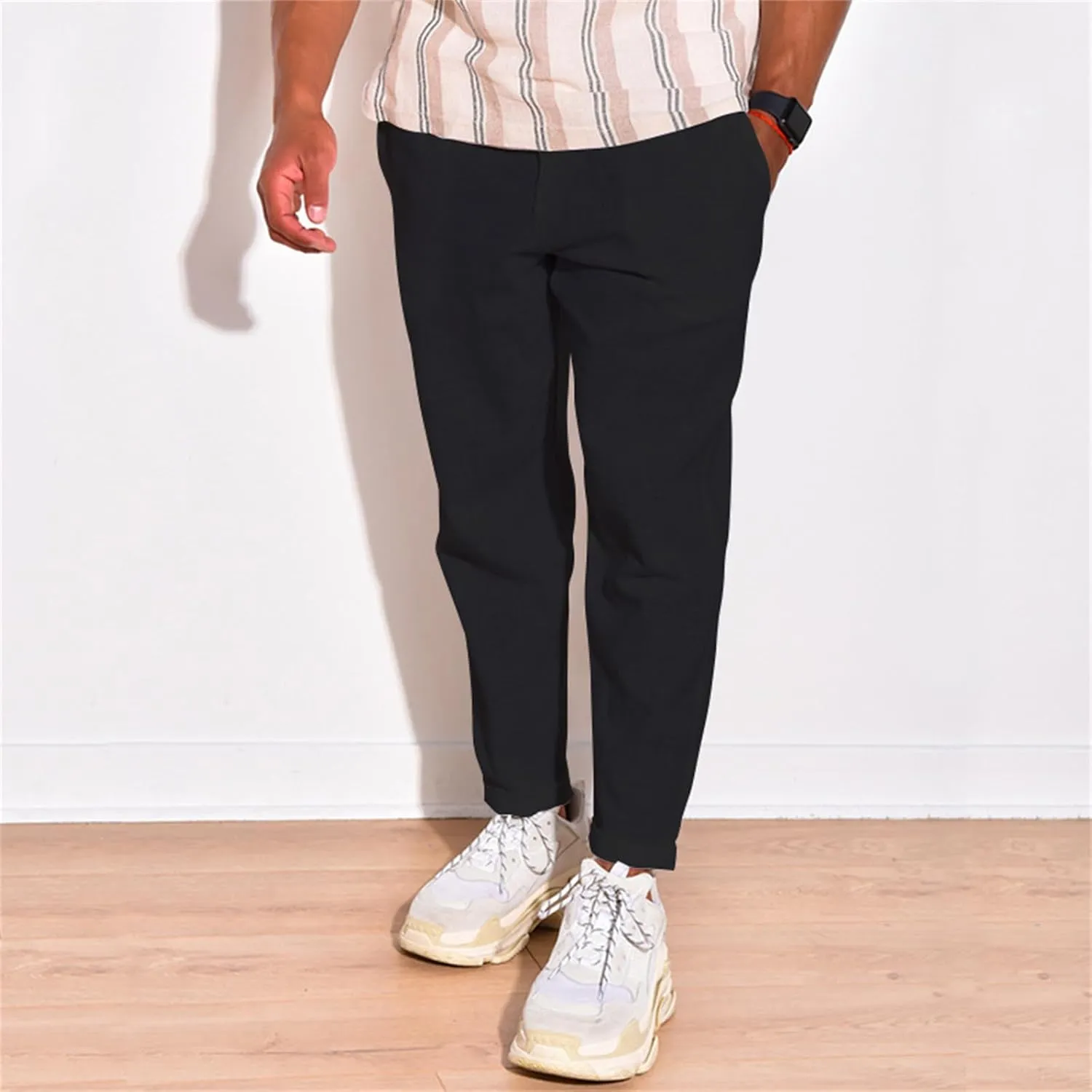 Cotton Linen Pants for Men Straight Legs Elastic Waist Casual Lightweight Regular Fit Pants Outdoor Business Trousers
