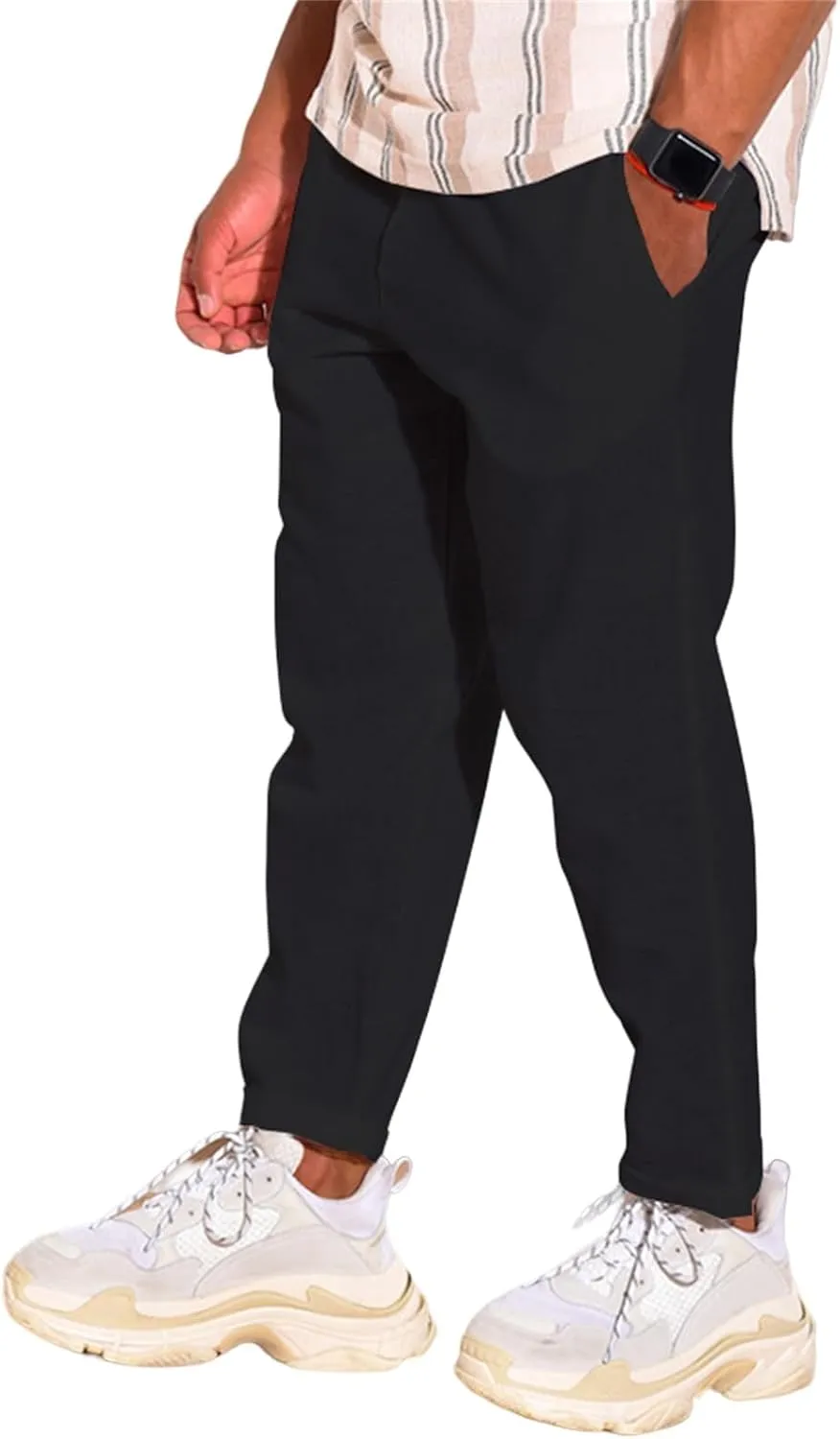 Cotton Linen Pants for Men Straight Legs Elastic Waist Casual Lightweight Regular Fit Pants Outdoor Business Trousers