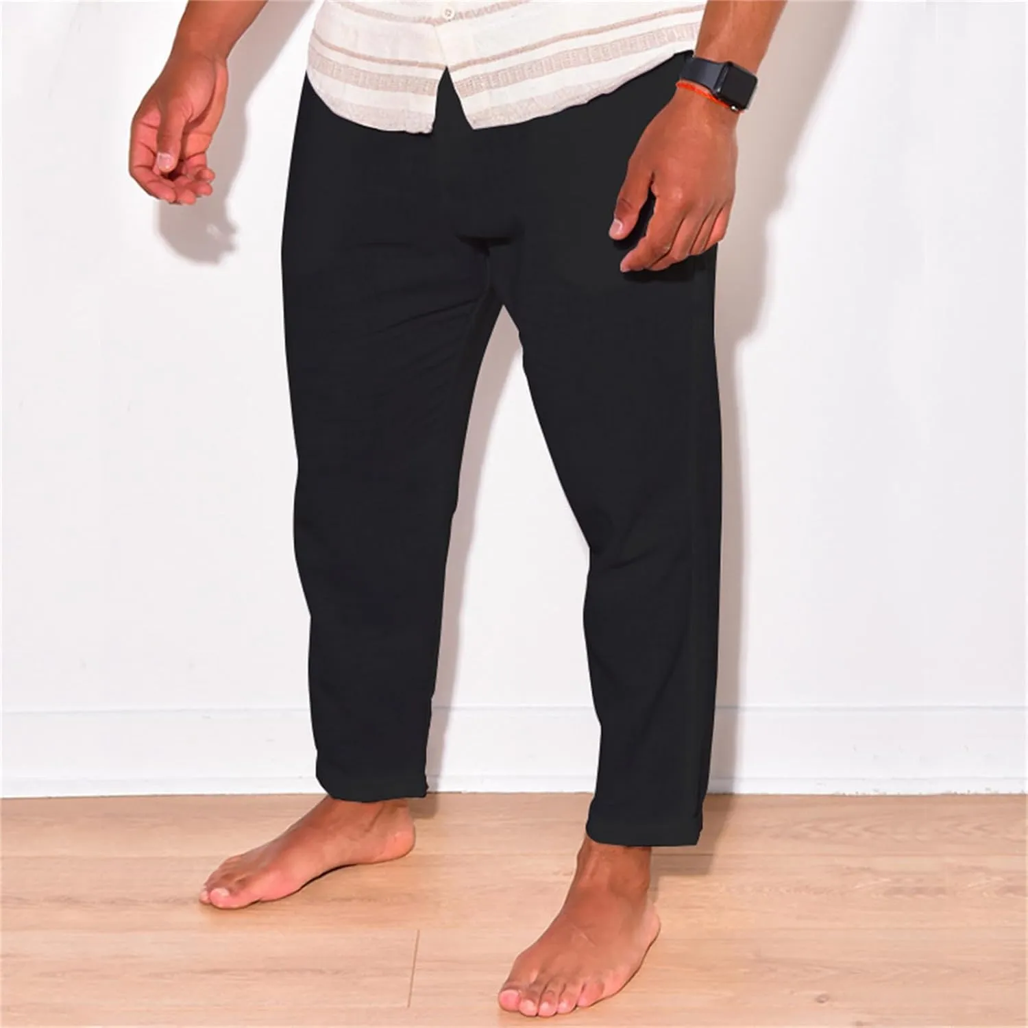 Cotton Linen Pants for Men Straight Legs Elastic Waist Casual Lightweight Regular Fit Pants Outdoor Business Trousers