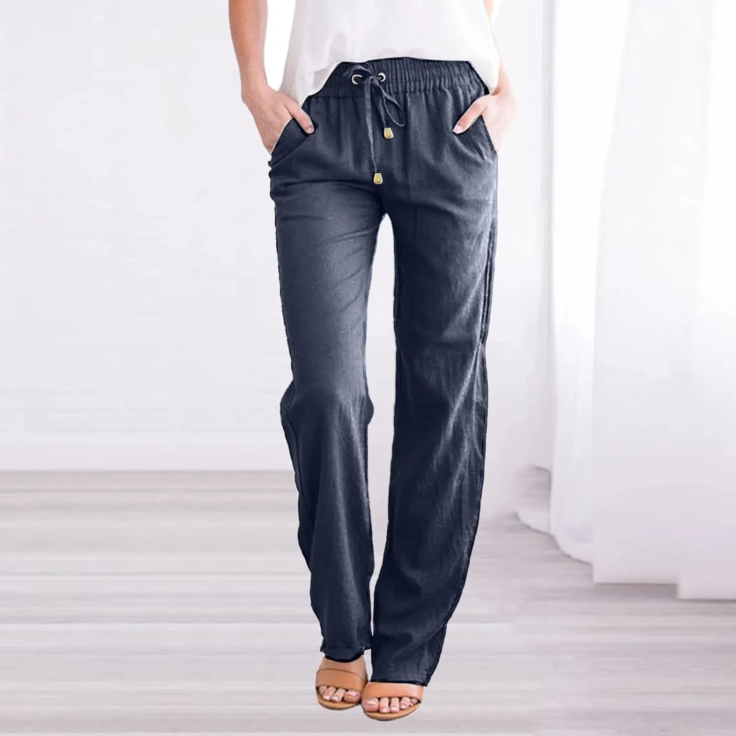 Cotton Linen Pants for Women 2025 Straight Leg Drawstring Long Trouser Loose High Waist Beach Pant with Pockets