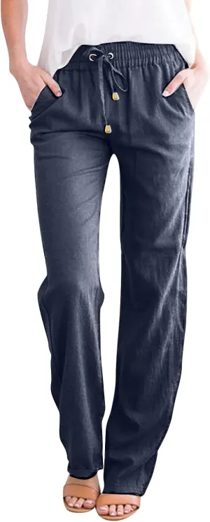 Cotton Linen Pants for Women 2025 Straight Leg Drawstring Long Trouser Loose High Waist Beach Pant with Pockets