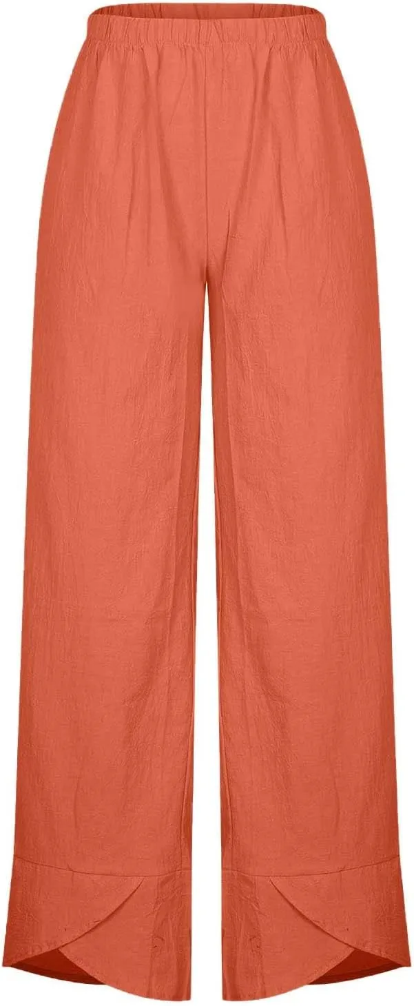 Cotton Linen Pants for Women High Waist Casual Wide Leg Pants Fashion Solid Loose Lounge Trousers with Pockets