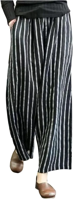 Cotton Linen Pants for Women Summer Comfort Wide Leg Boho Trousers High Waist Striped Lounge Pants with Pockets