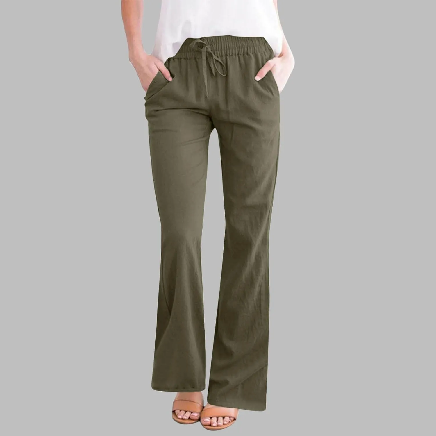 Cotton Linen Pants Women Summer Drawstring High Waisted Linen Palazzo Pants Wide Leg Lounge Pant Casual Beach Trousers