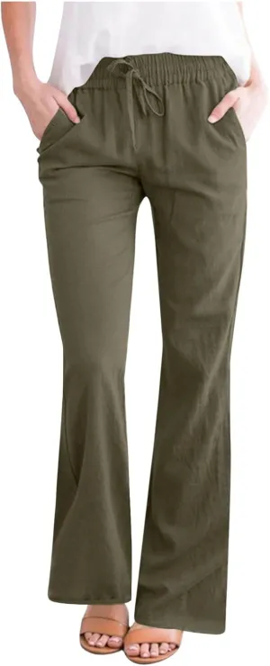 Cotton Linen Pants Women Summer Drawstring High Waisted Linen Palazzo Pants Wide Leg Lounge Pant Casual Beach Trousers