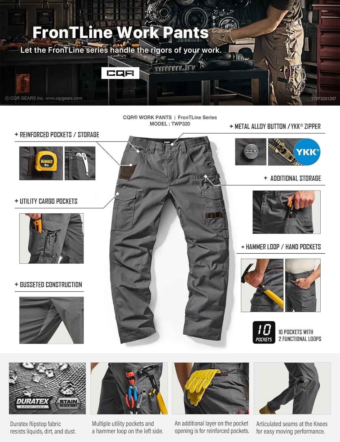 CQR Men's Quick Dry Work Pants, Water Resistant Outdoor Tactical Pants, Lightweight Stretch Cargo Hiking Pants