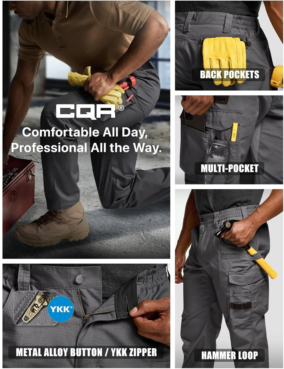 CQR Men's Quick Dry Work Pants, Water Resistant Outdoor Tactical Pants, Lightweight Stretch Cargo Hiking Pants