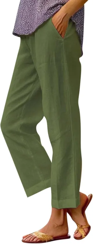 Cropped Linen Pants Women Summer Elastic Waist Straight Leg Plus Size Crop Pants Casual Beach Trousers with Pockets
