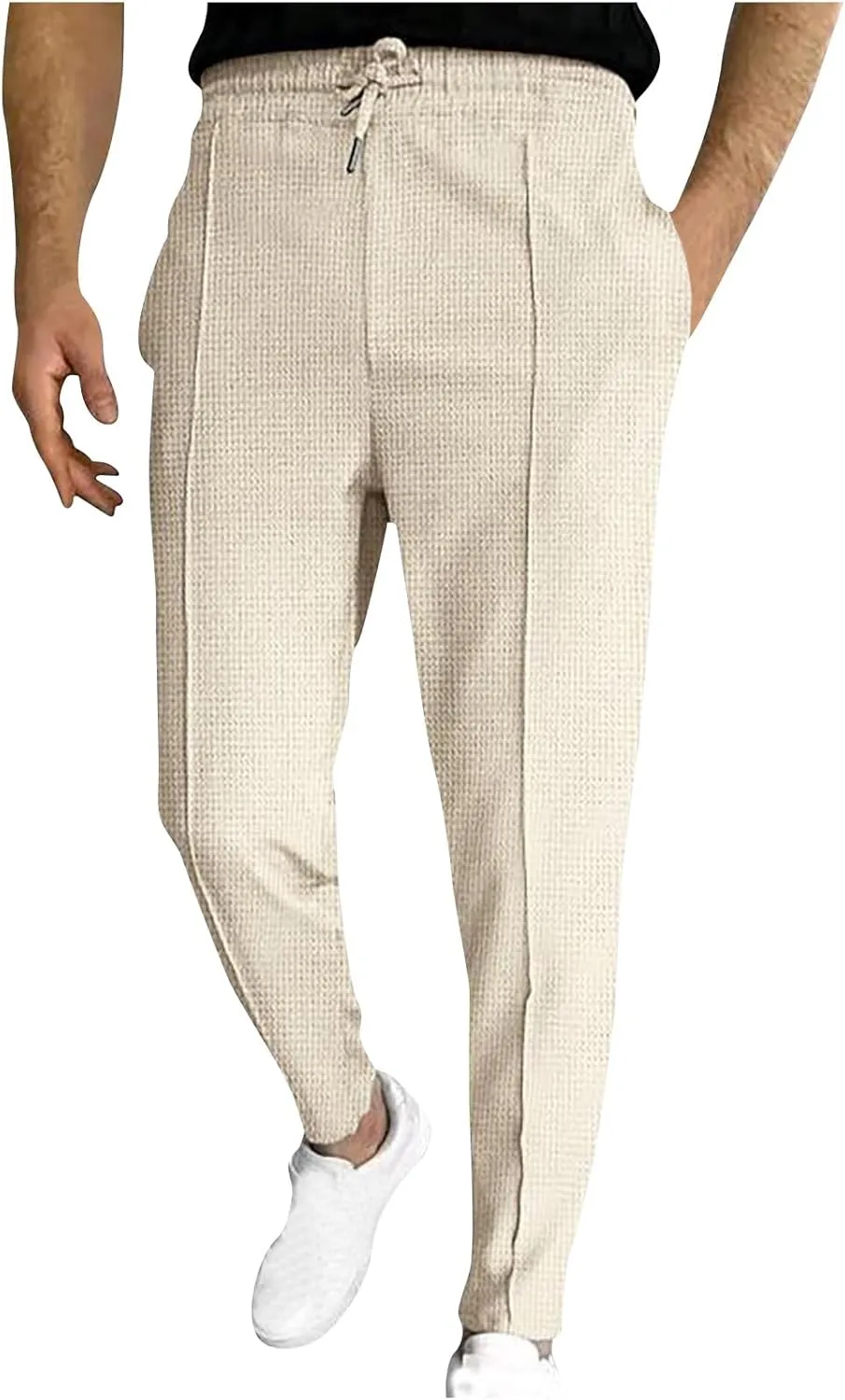 Dademeo Casual Waffle Pants for Men Slim Fit Straight Cut Joggers Pants Elastic Waist Drawstring Workout Lounge Sweatpants