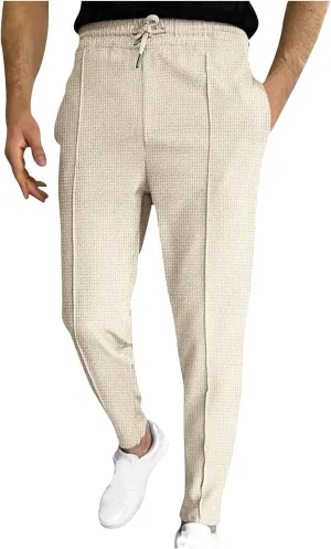Dademeo Casual Waffle Pants for Men Slim Fit Straight Cut Joggers Pants Elastic Waist Drawstring Workout Lounge Sweatpants