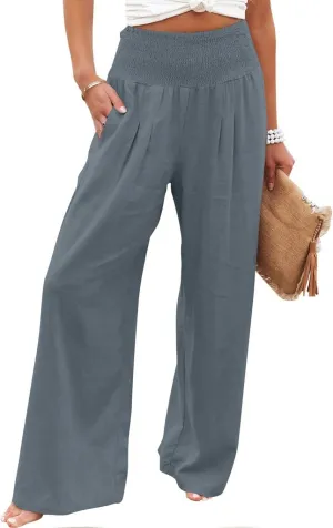 DDAPJ pyju Women Linen Palazzo Pants 2025 Summer High Waisted Wide Leg Lounge Pant Pleated Beach Travel Trousers with Pockets