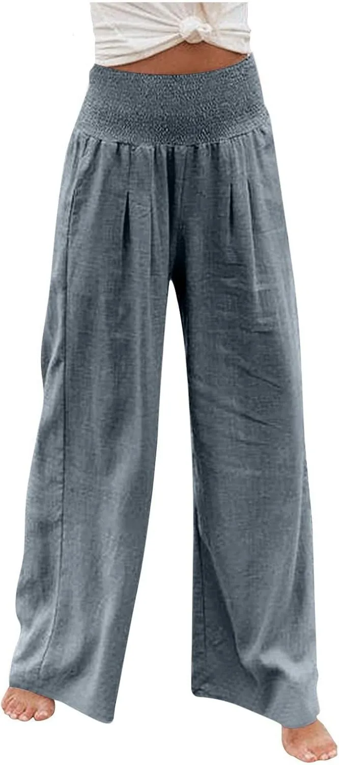 DDAPJ pyju Women Linen Palazzo Pants 2025 Summer High Waisted Wide Leg Lounge Pant Pleated Beach Travel Trousers with Pockets
