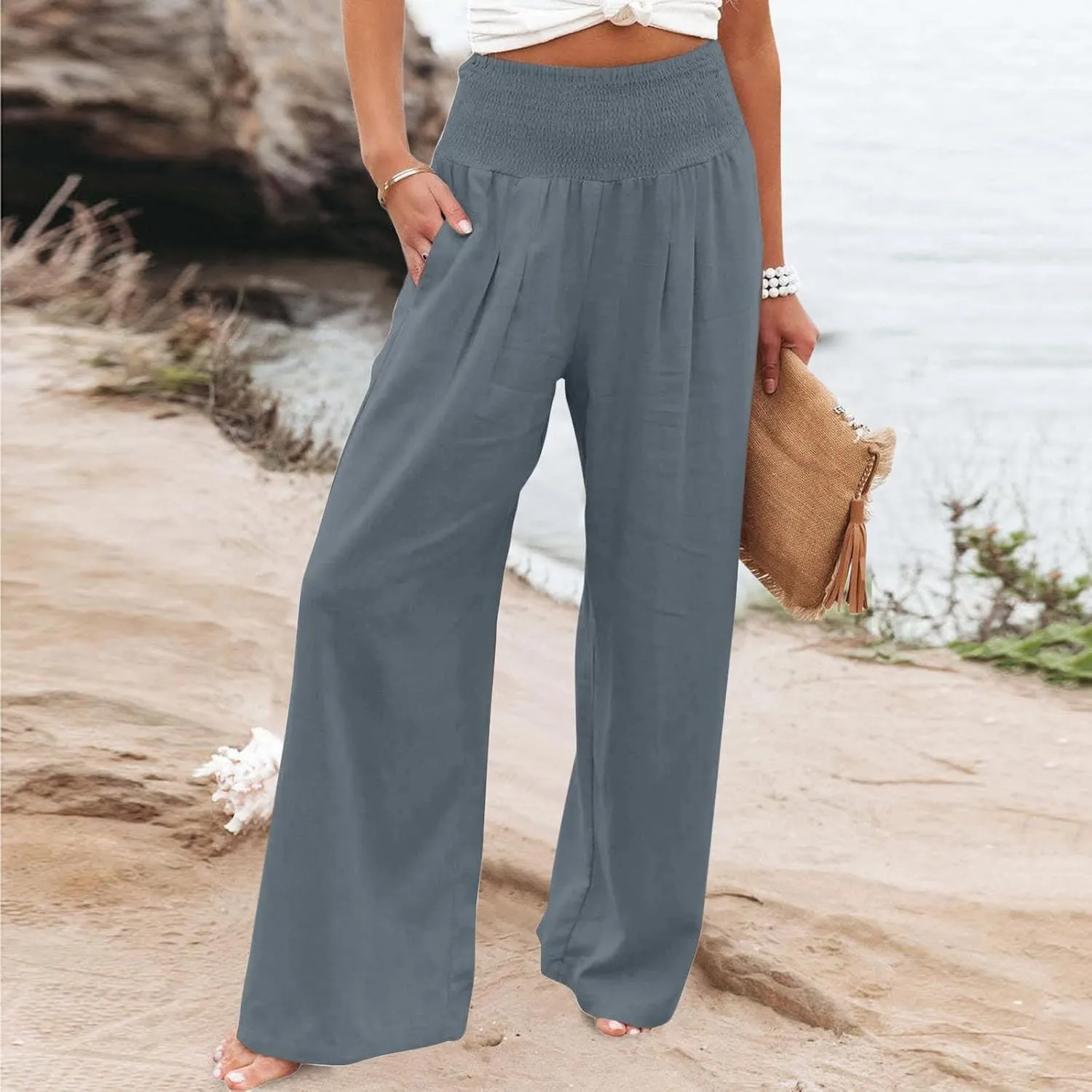 DDAPJ pyju Women Linen Palazzo Pants 2025 Summer High Waisted Wide Leg Lounge Pant Pleated Beach Travel Trousers with Pockets