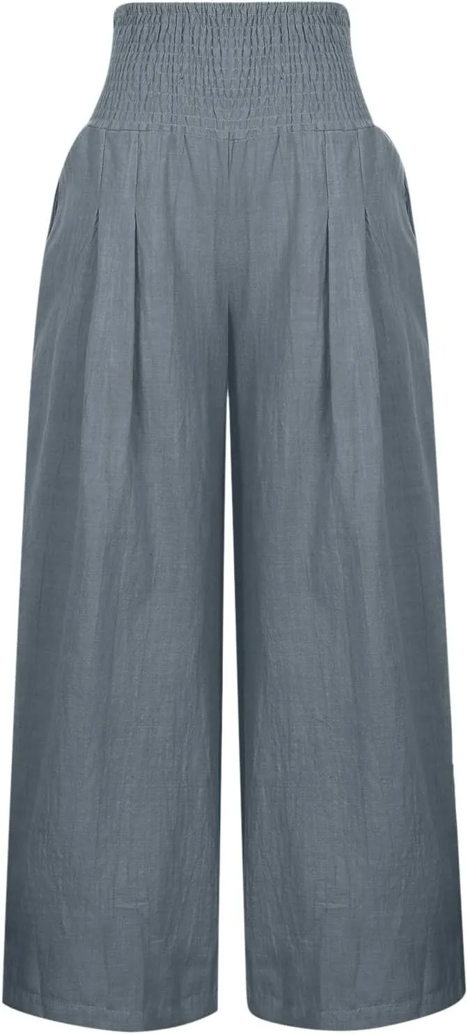 DDAPJ pyju Women Linen Palazzo Pants 2025 Summer High Waisted Wide Leg Lounge Pant Pleated Beach Travel Trousers with Pockets