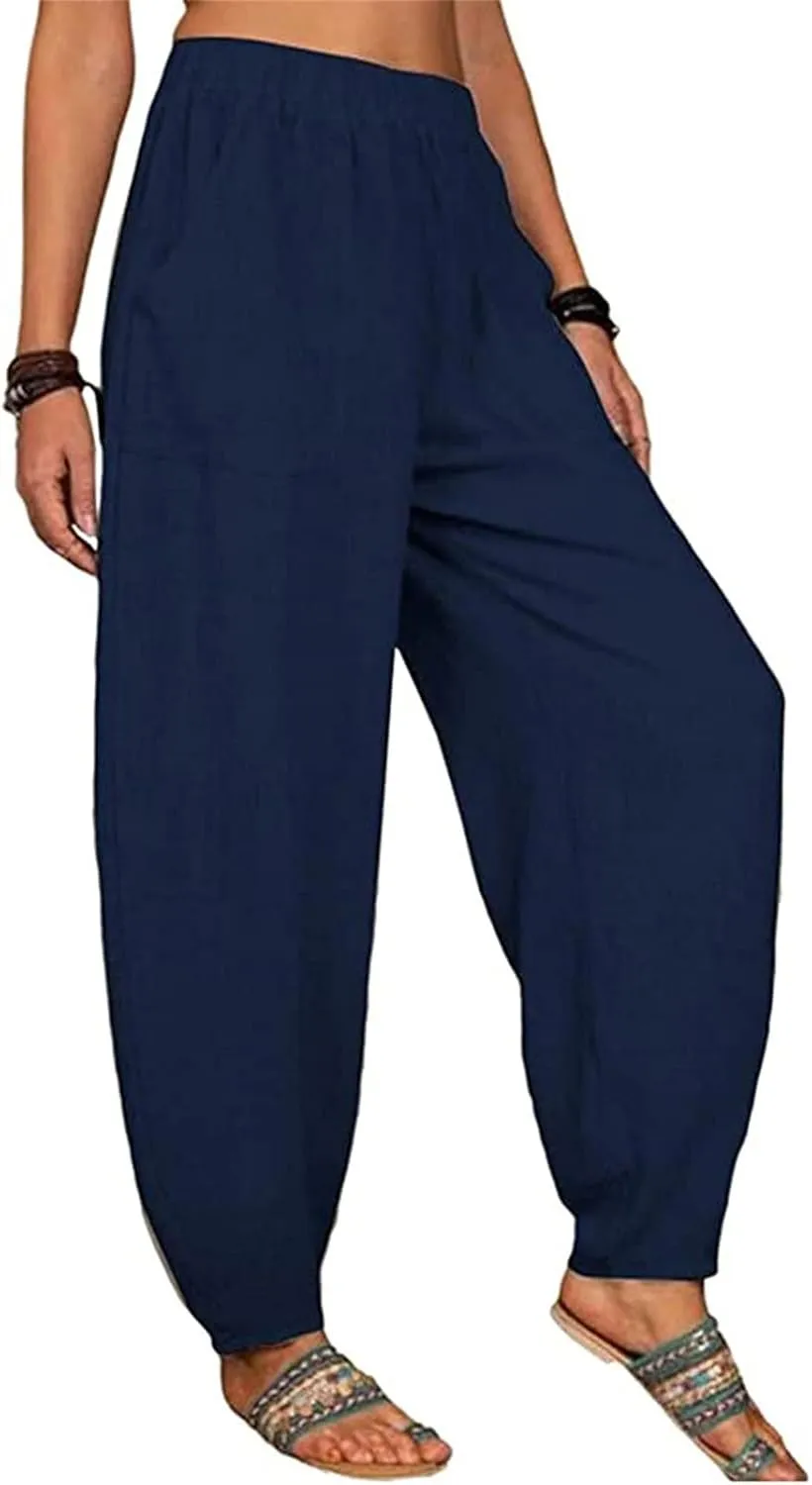 DGHM-JLMY Women's Loose Cotton Linen Harem Pants Fashion Solid Baggy Casual Pants High Waist Yoga Boho Trousers with Pockets