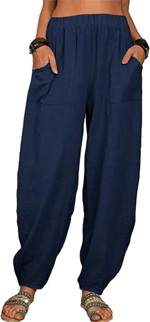 DGHM-JLMY Women's Loose Cotton Linen Harem Pants Fashion Solid Baggy Casual Pants High Waist Yoga Boho Trousers with Pockets
