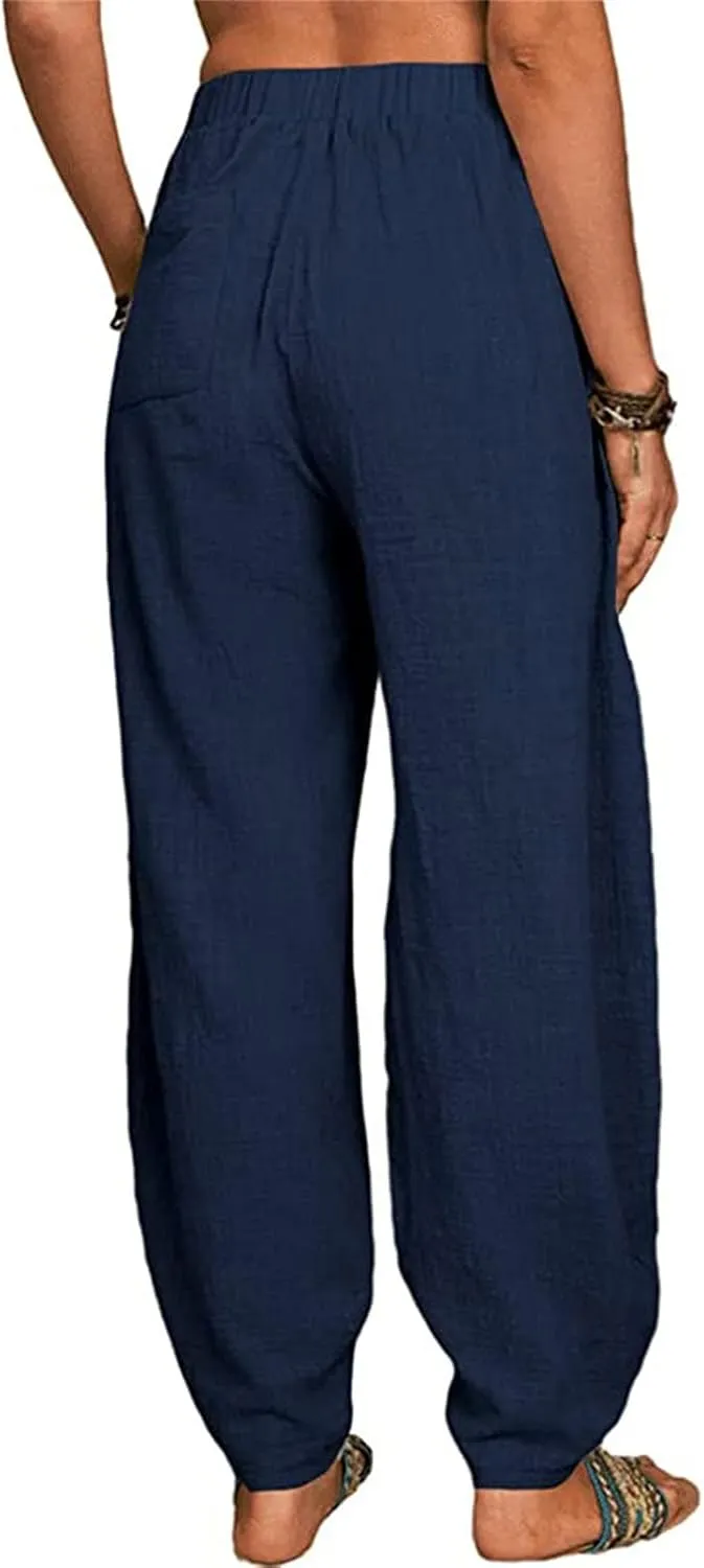 DGHM-JLMY Women's Loose Cotton Linen Harem Pants Fashion Solid Baggy Casual Pants High Waist Yoga Boho Trousers with Pockets