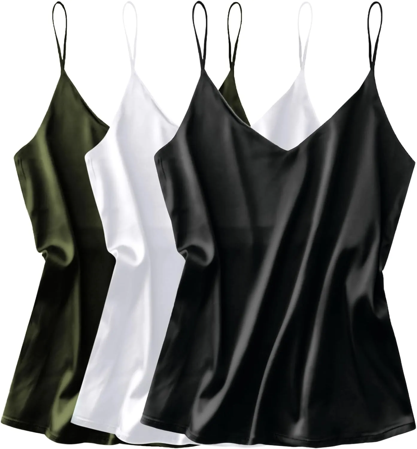 Ekouaer 3 Pack: Womens Silk Satin Tank Top V Neck Camisole Cami Spaghetti Strap Top Loose Sleeveless Blouses Tank Shirt