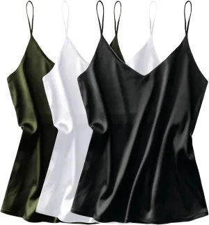 Ekouaer 3 Pack: Womens Silk Satin Tank Top V Neck Camisole Cami Spaghetti Strap Top Loose Sleeveless Blouses Tank Shirt