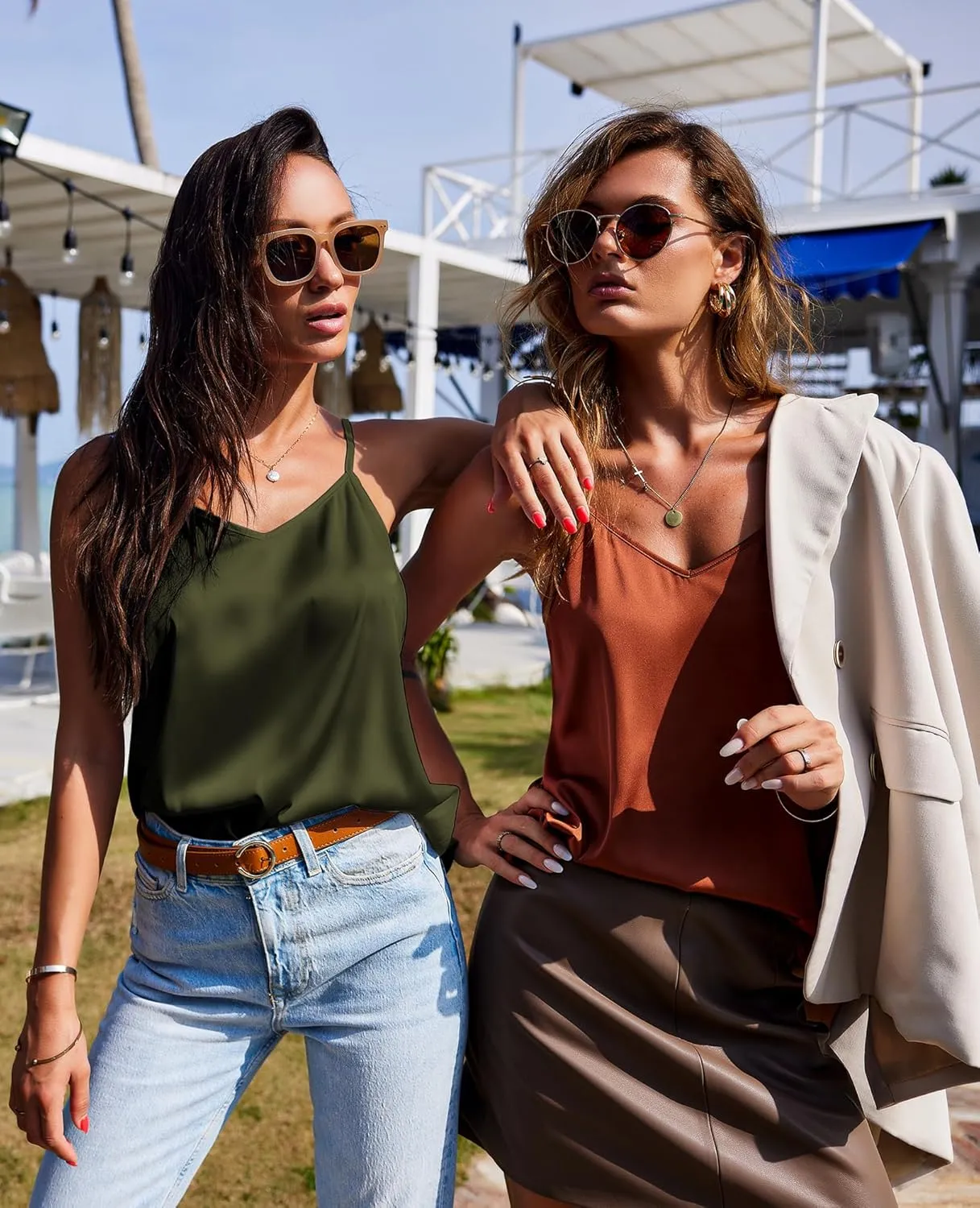 Ekouaer 3 Pack: Womens Silk Satin Tank Top V Neck Camisole Cami Spaghetti Strap Top Loose Sleeveless Blouses Tank Shirt