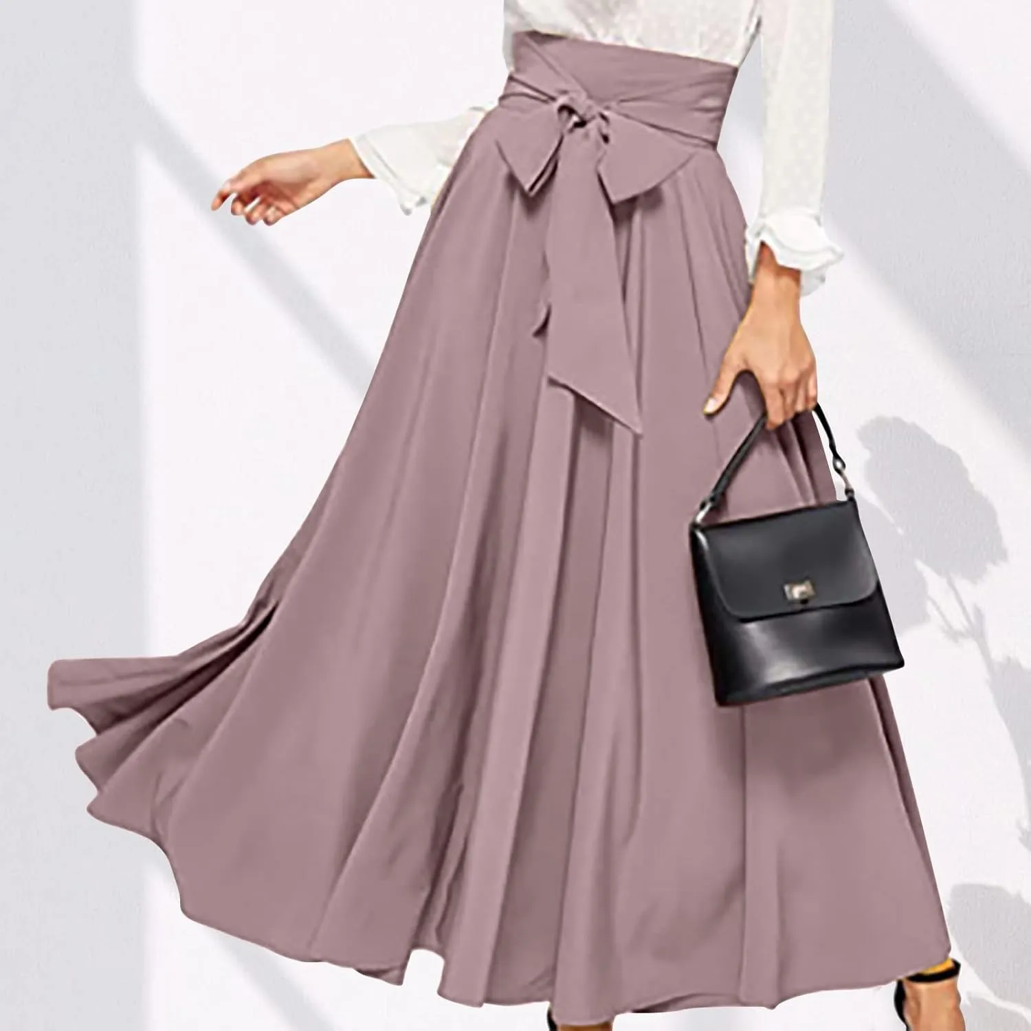 Elegant High Waisted Skirts for Women Elastic A Line Flared Skirt Stretchy Pleated Midi Skirts Ankle Length Skirt