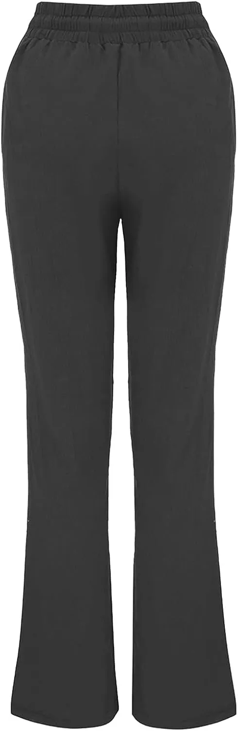 fartey Linen Pants Women Summer Casual Straight Leg Pants Drawstring Elastic High Waist Loose Comfy Trousers with Pockets